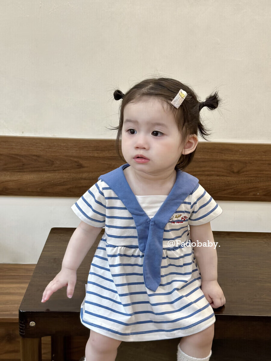 FADOBABY Girls' Navy Collar Striped Short Sleeve Summer Dress Newborn Toddler Cotton Princess Dress Summer 17